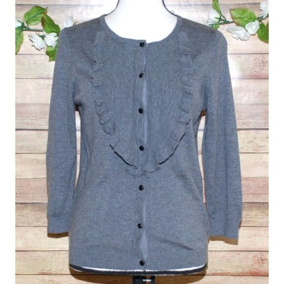 Ann Taylor Ladies Gray Button Ruffle Up Cardigan Sweater Size S Cashmere Wool - Picture 1 of 9